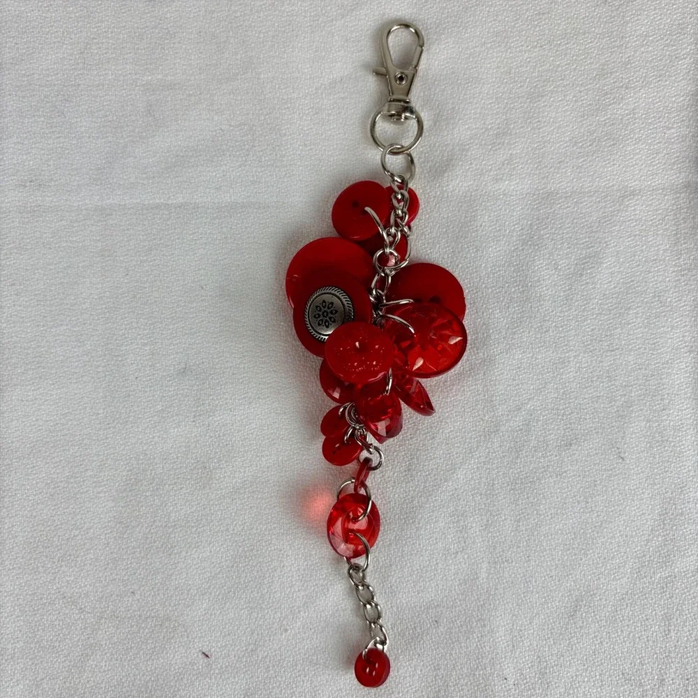 Handmade Red Button Bead Cluster Bag Charm Keychain Boho Eclectic Accessory